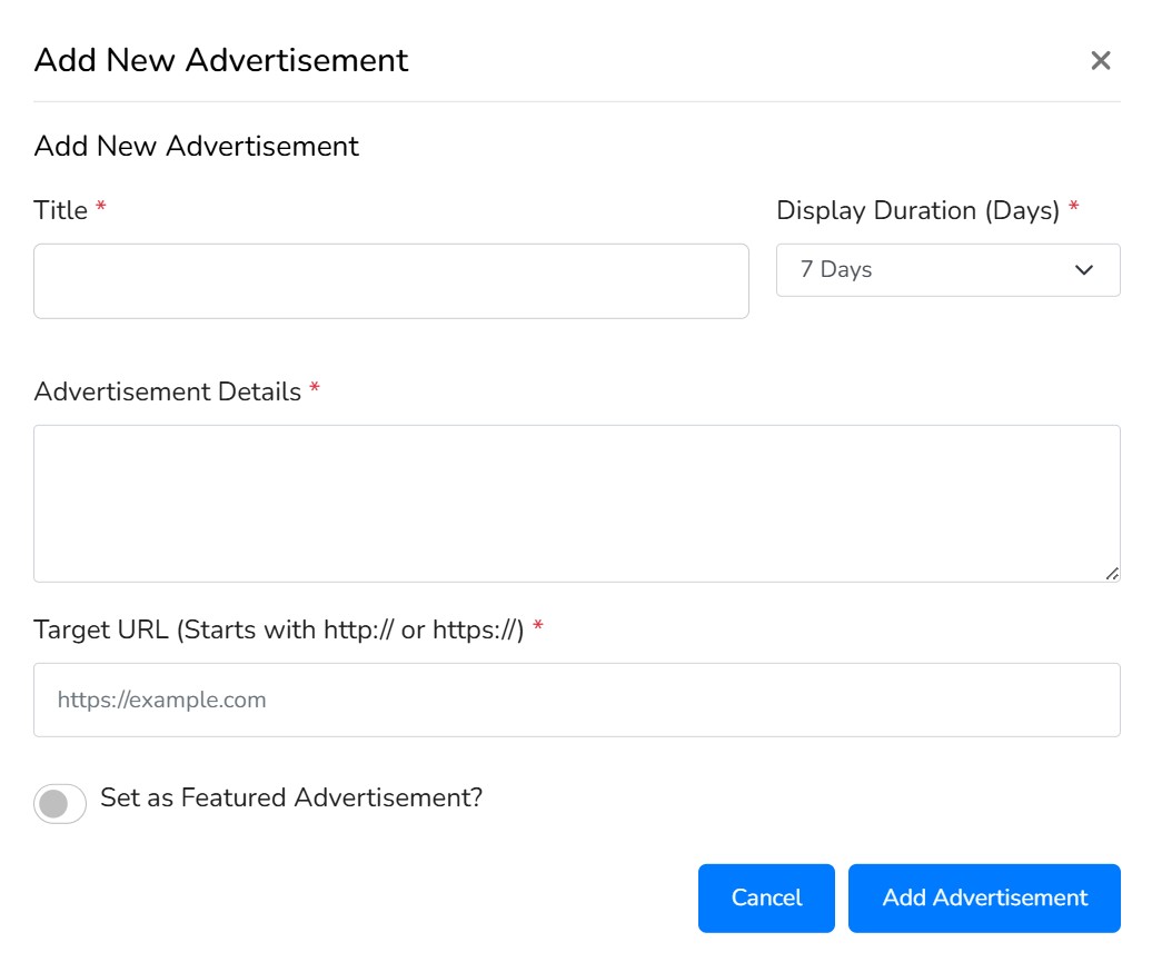 Form for adding or editing an advertisement