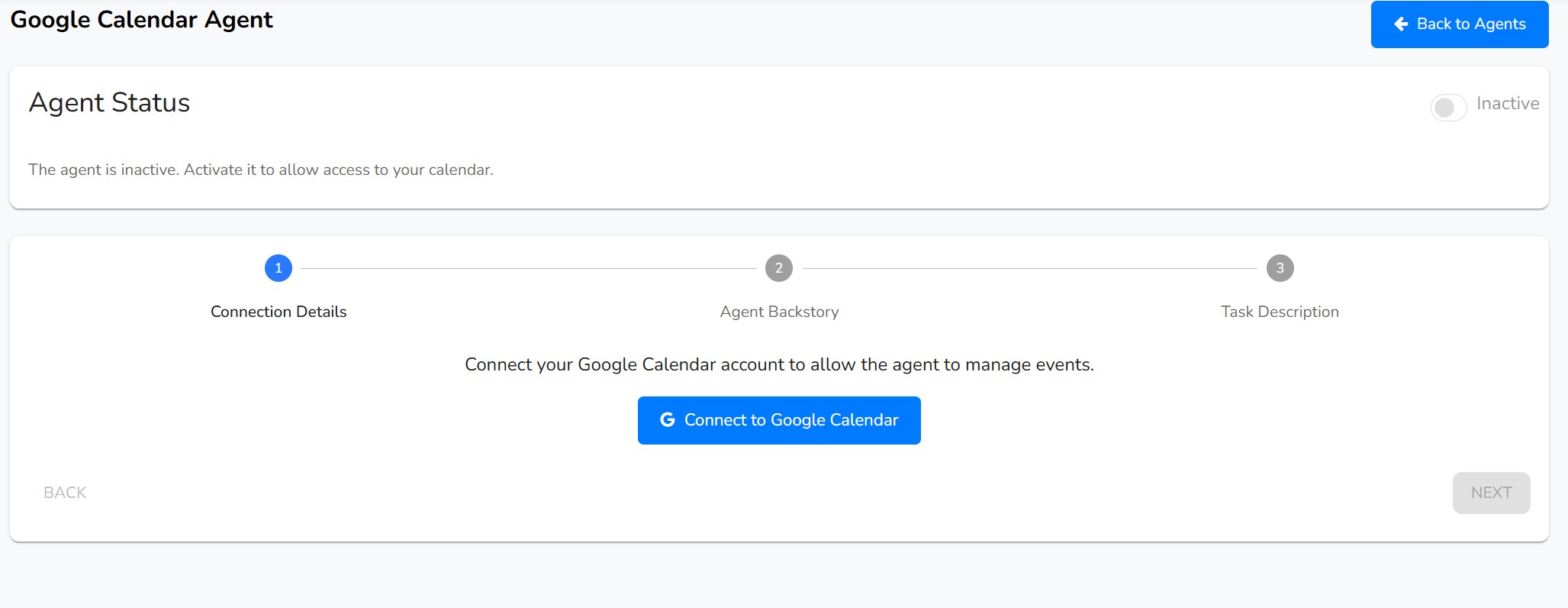 Google Calendar Agent configuration page