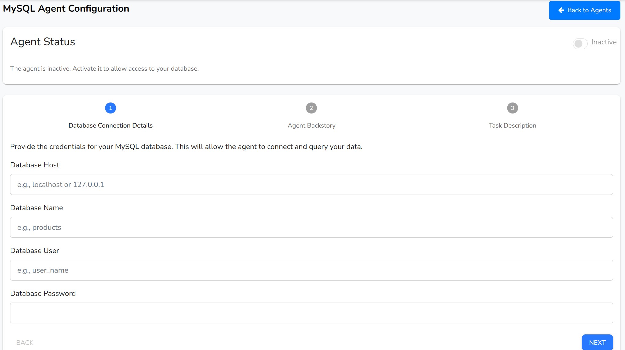 MySQL Agent configuration page