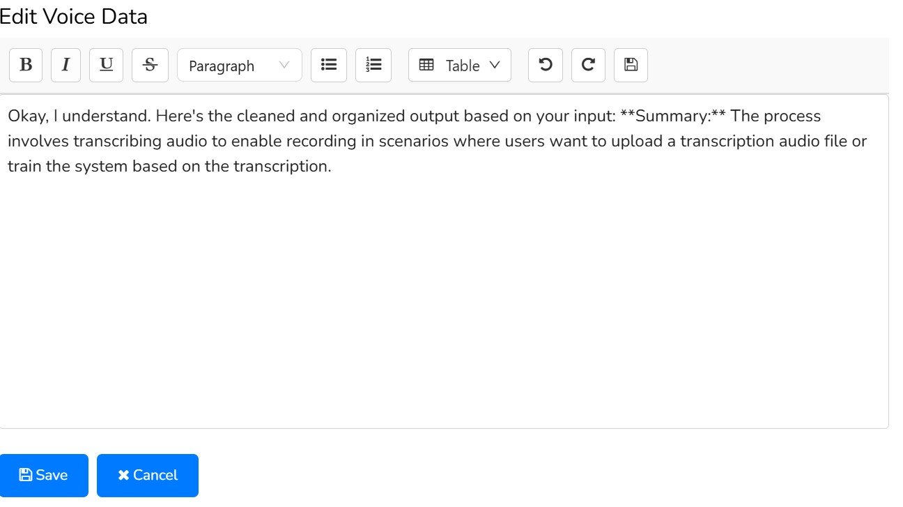 Modal for editing transcribed audio text