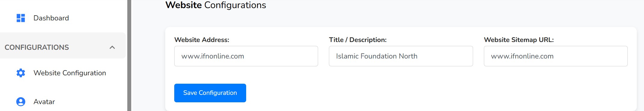 Website Configuration Page