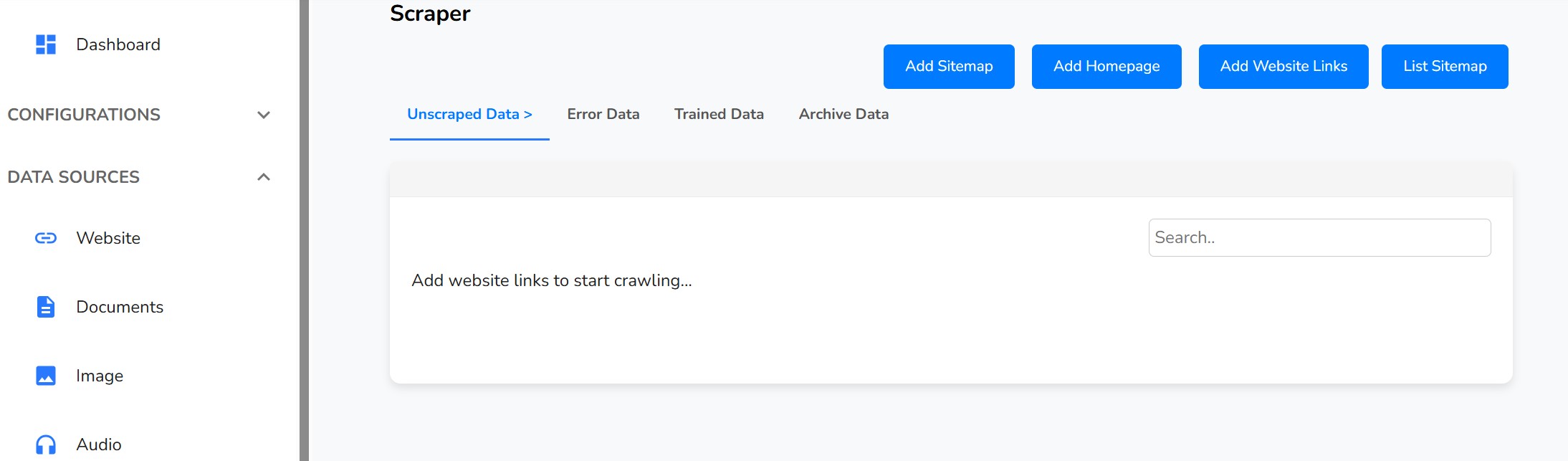 Data Sources main page with tabs