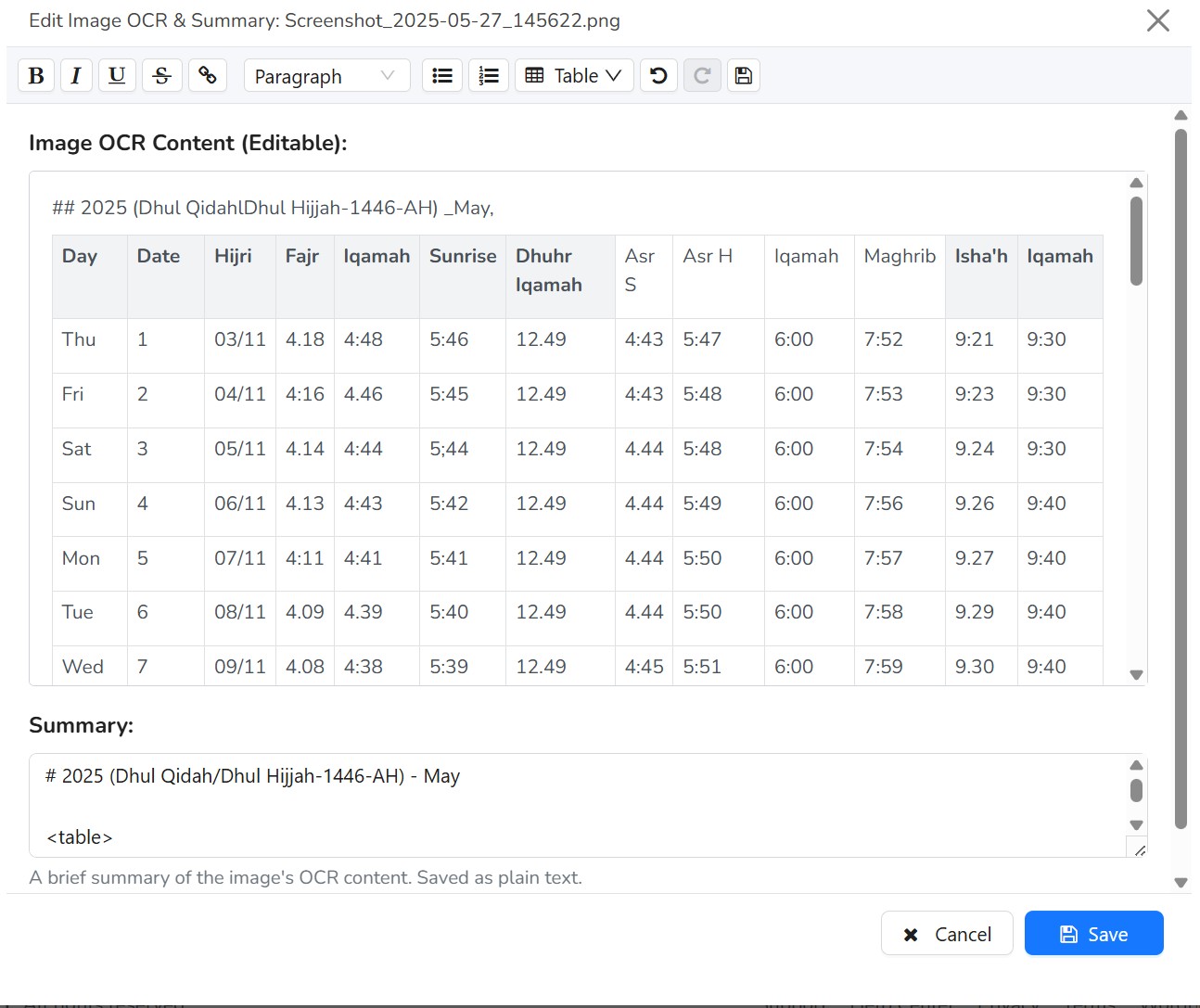 Modal for editing image OCR text and summary