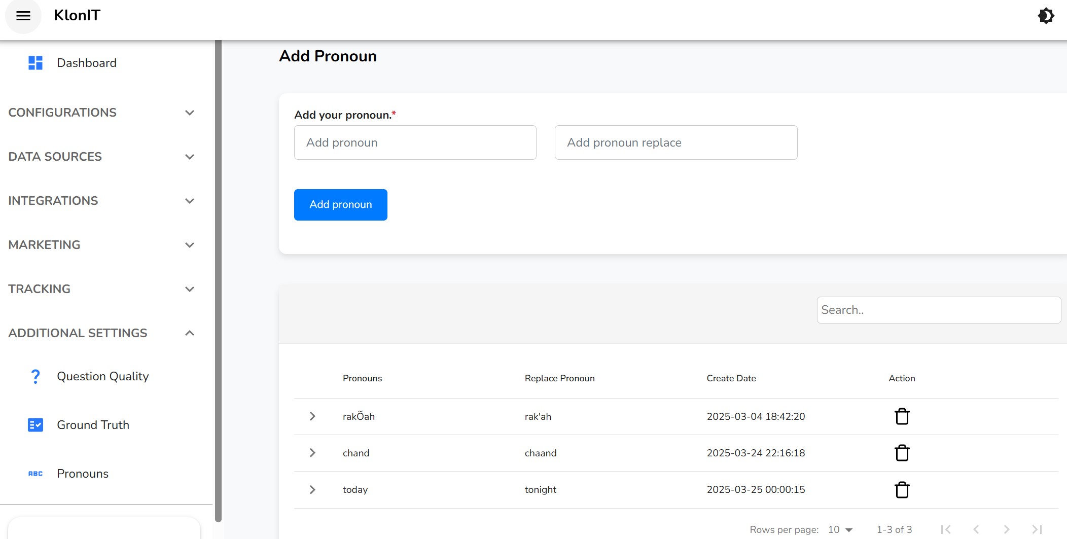 Pronoun management interface with two lists