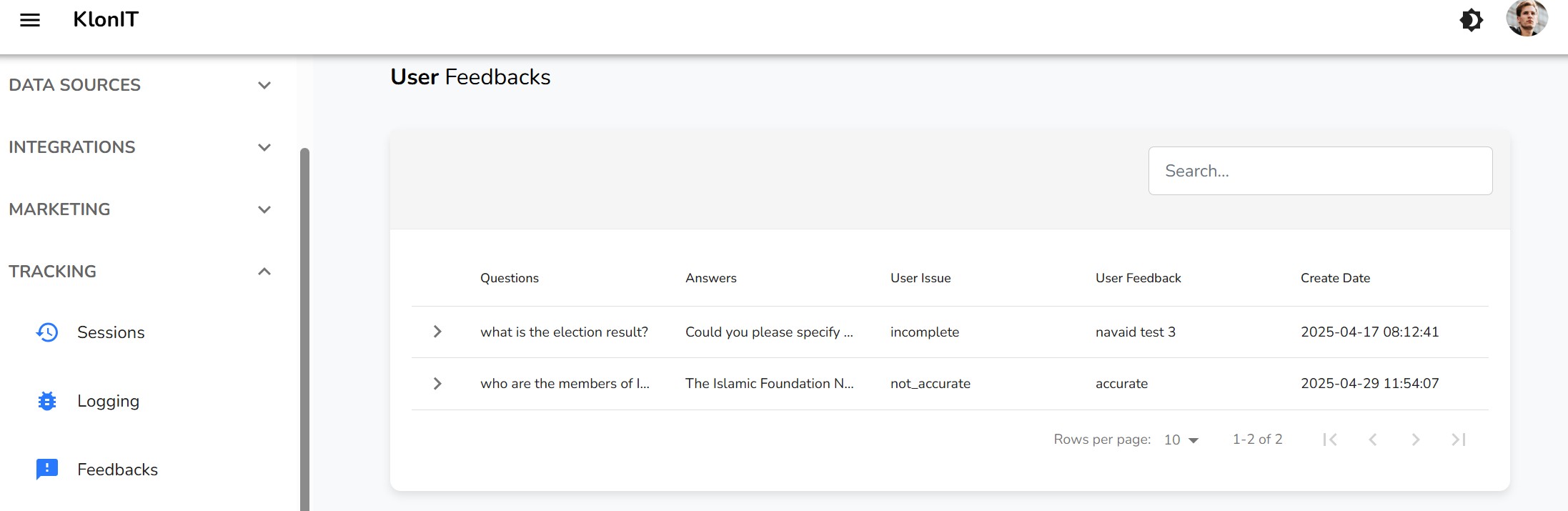 Table of user-submitted feedback
