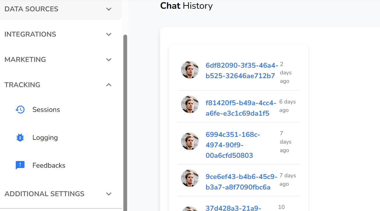 Chatbot conversation history and sessions page